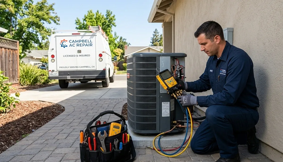 Professional AC repair technician servicing air conditioner unit in San Jose, CA