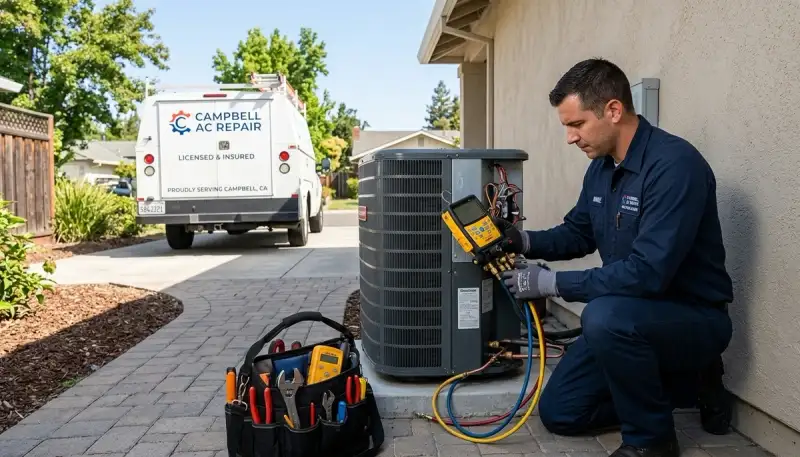Professional AC repair technician servicing air conditioner unit in San Jose, CA