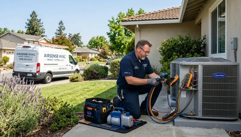 Professional AC repair technician servicing air conditioner in San Jose CA home