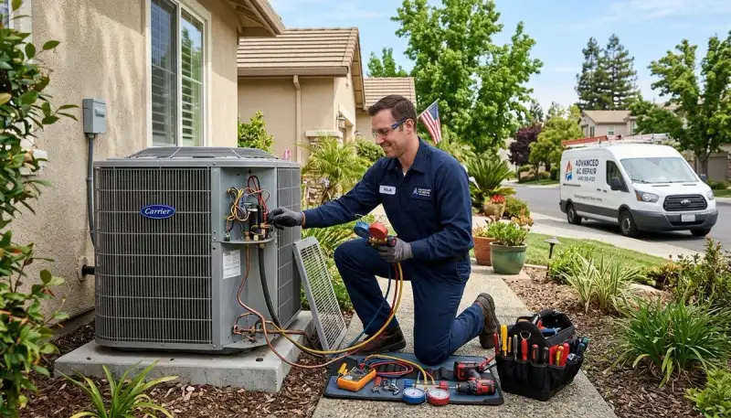 Professional AC repair technician servicing air conditioner in San Jose, CA home