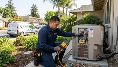 Professional AC repair technician servicing air conditioner in San Jose, CA home