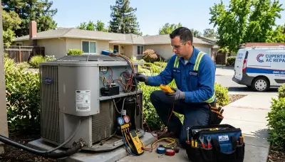 Professional AC repair technician servicing air conditioner unit in San Jose, CA