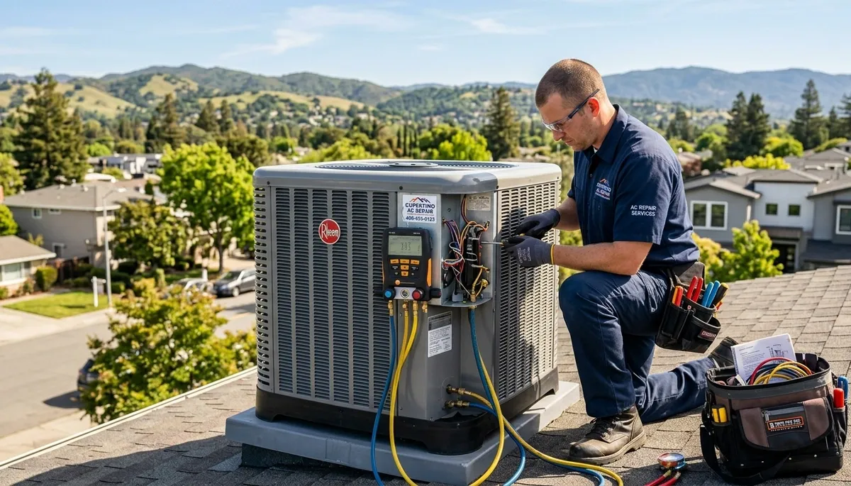 Professional AC repair technician servicing air conditioner unit in San Jose, CA
