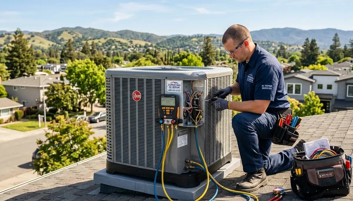 Professional AC repair technician servicing air conditioner unit in San Jose, CA