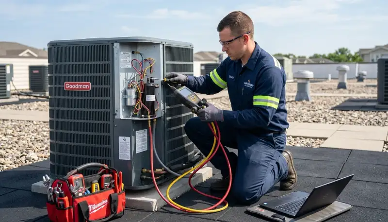 Technician repairing home air conditioner unit in San Jose, CA for Five Star Cooling service