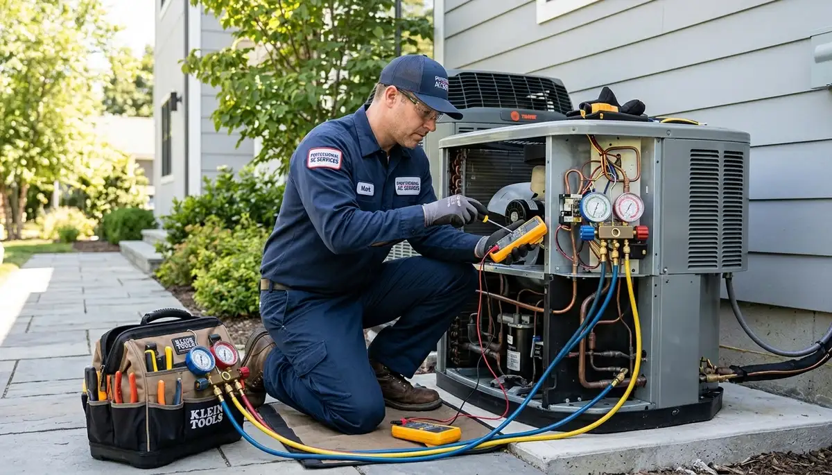 Technician repairing residential air conditioner unit in San Jose, CA for Five Star Cooling