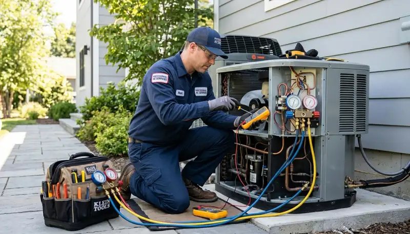 Technician repairing residential air conditioner unit in San Jose, CA for Five Star Cooling