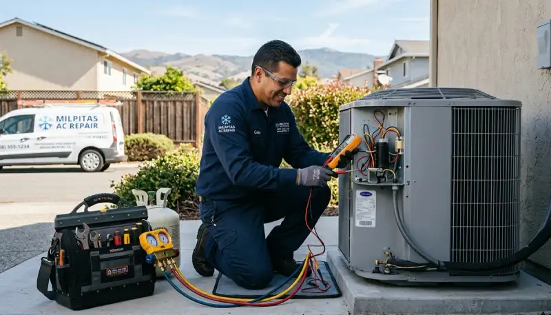 Professional AC repair technician servicing air conditioner unit in San Jose, CA home