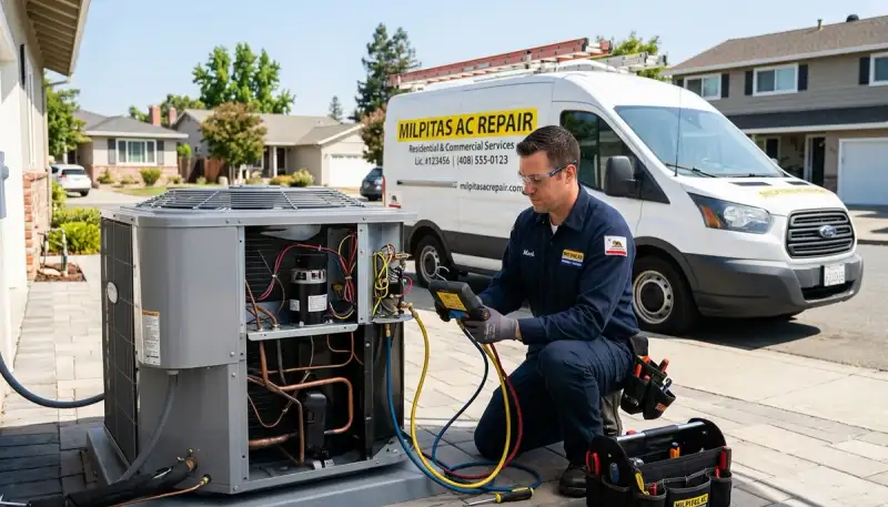 Professional AC repair technician servicing air conditioner unit in San Jose, CA