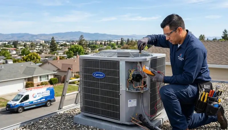 Professional AC repair technician servicing air conditioner unit in San Jose, CA