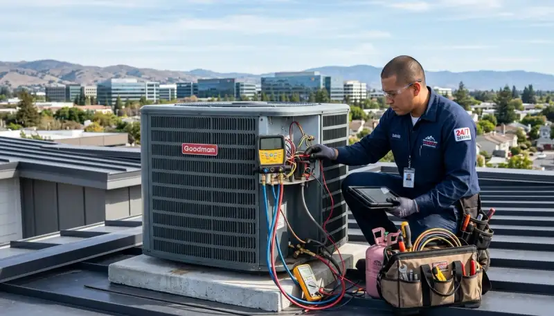 Professional AC repair technician servicing air conditioning unit in San Jose, CA