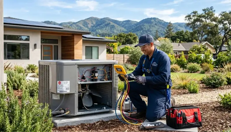 Professional AC repair technician servicing air conditioner in San Jose CA home