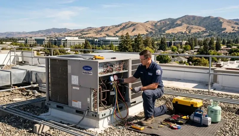 Professional AC repair technician servicing air conditioner in San Jose CA home