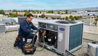 Professional AC repair technician servicing air conditioner in San Jose, CA home