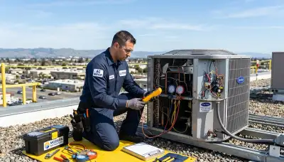 Professional AC repair technician servicing air conditioner in San Jose, CA home