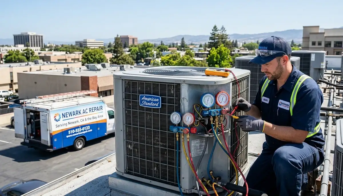 Professional AC repair technician servicing air conditioner unit in San Jose, CA
