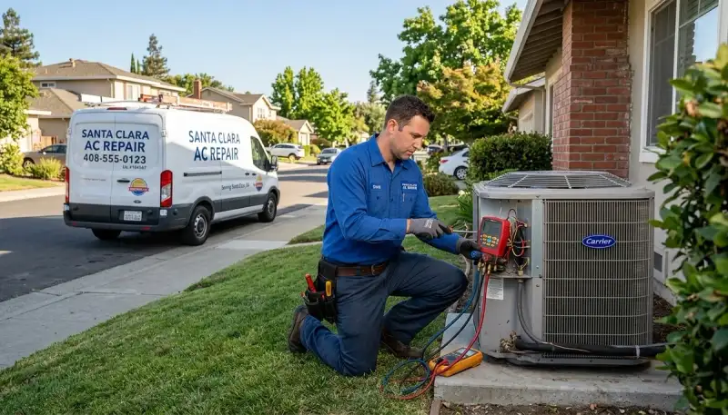 Professional AC repair technician servicing air conditioner in San Jose, CA home