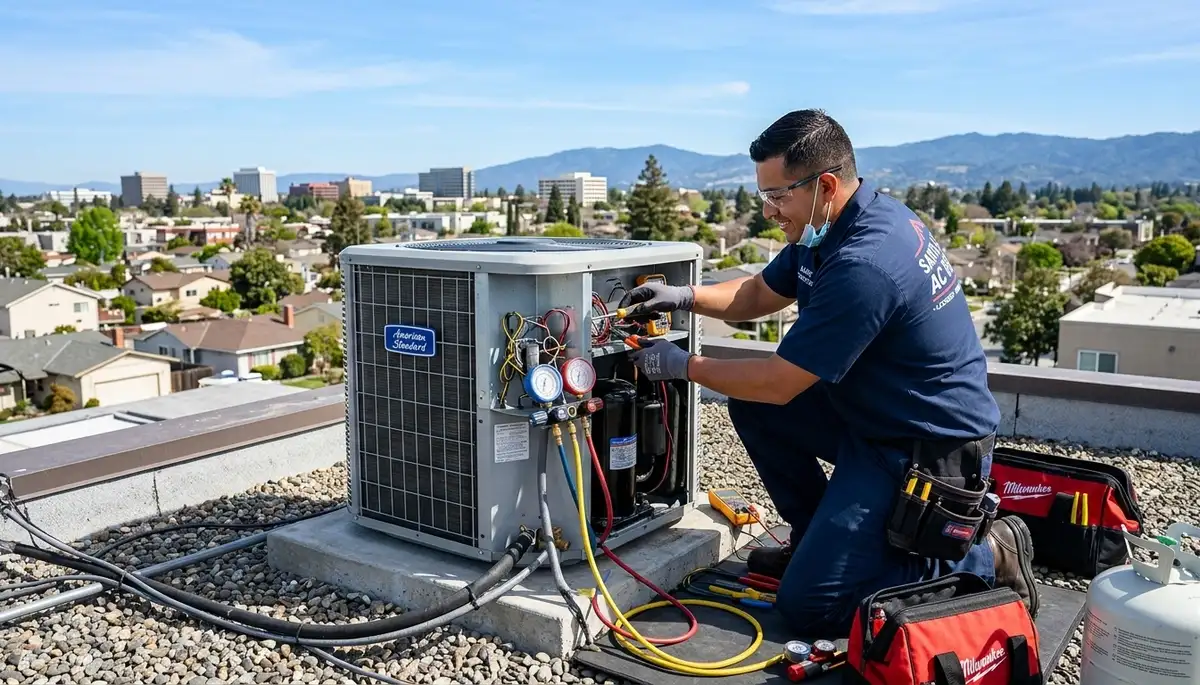 Professional AC repair technician servicing air conditioner unit in San Jose, CA home