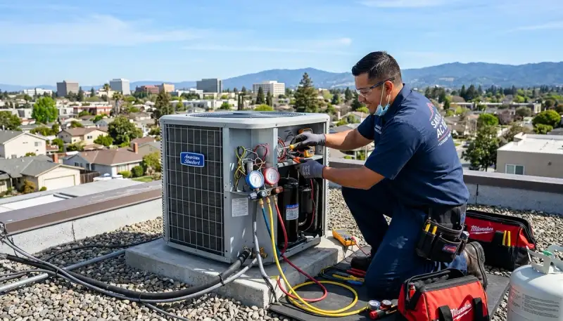 Professional AC repair technician servicing air conditioner unit in San Jose, CA home