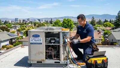Professional AC repair technician servicing air conditioner unit in San Jose, CA home