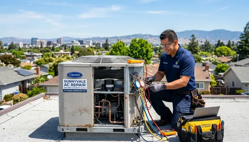 Professional AC repair technician servicing air conditioner unit in San Jose, CA home