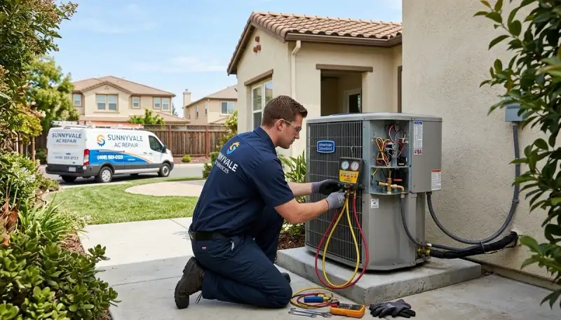 Professional AC repair technician servicing home air conditioner in San Jose, CA