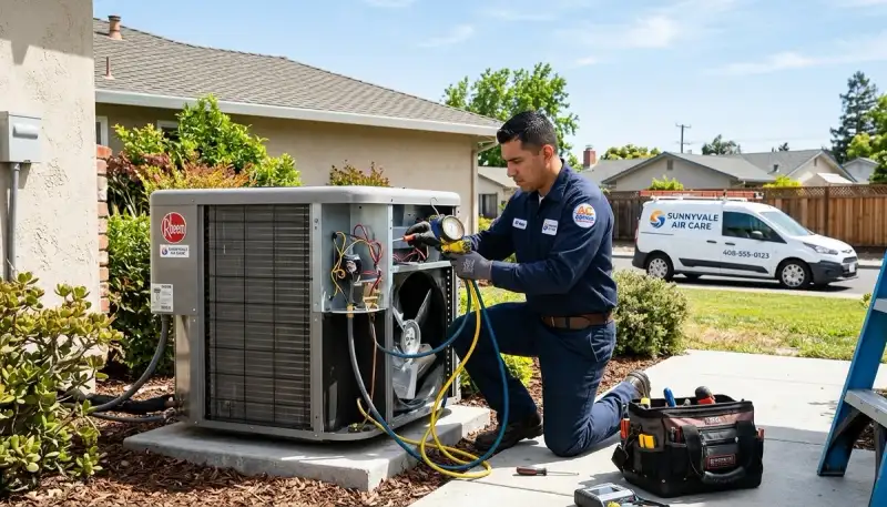 Professional AC repair technician servicing air conditioner in San Jose CA home