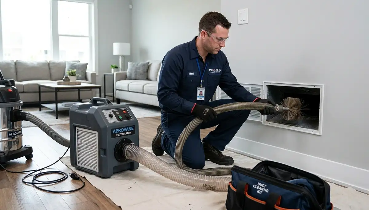 Technician performing air duct cleaning for HVAC system in San Jose, CA home