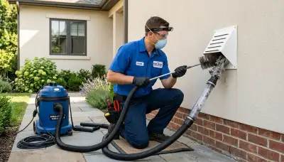 Technician performing professional dryer vent cleaning in San Jose, CA for Five Star Cooling