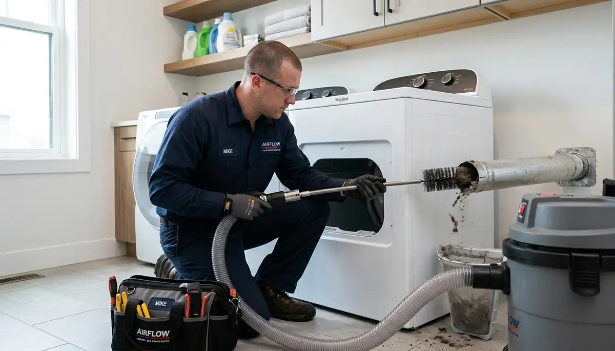 Technician cleaning dryer vent for home safety in San Jose, CA by Five Star Cooling