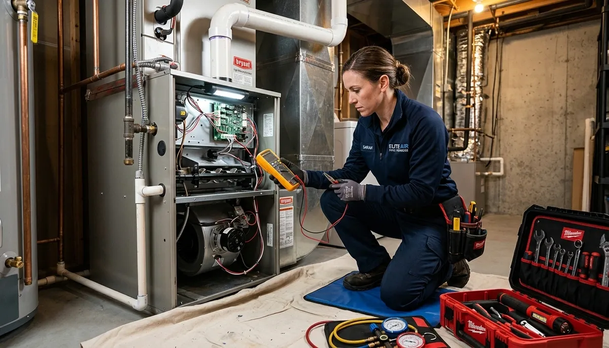 Technician performing furnace repair in San Jose, CA home by Five Star Cooling
