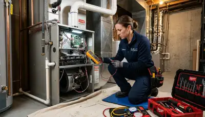 Technician performing furnace repair in San Jose, CA home by Five Star Cooling