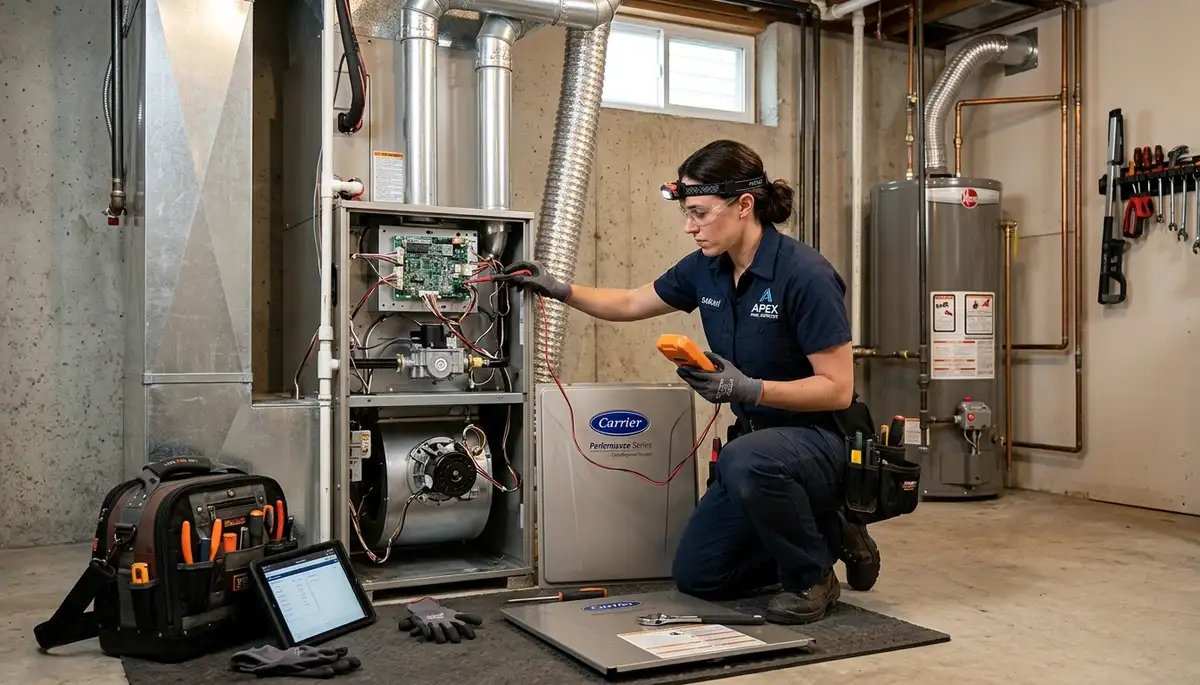 Technician performing furnace repair in San Jose, CA for Five Star Cooling home heating service