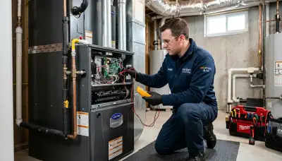 Technician performing heating repair on furnace system in San Jose, CA home