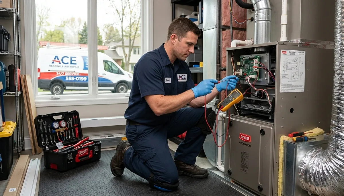 Technician performing heating repair on furnace system in San Jose, CA home