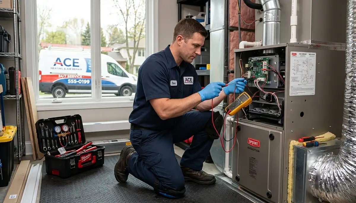 Technician performing heating repair on furnace system in San Jose, CA home