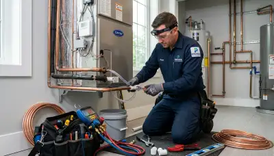 Technician repairing air conditioner unit and plumbing system in San Jose, CA home