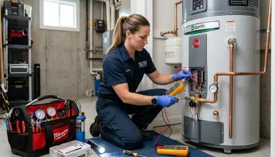 Technician performing water heater repair in San Jose, CA for Five Star Cooling customers