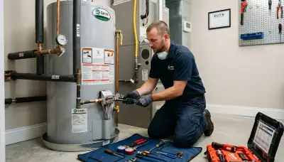 Technician performing water heater repair in San Jose, CA for Five Star Cooling customers
