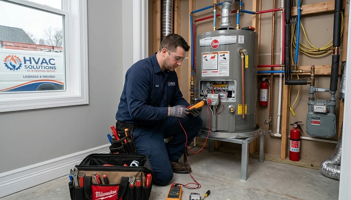 Technician repairing residential water heater in San Jose, CA for Five Star Cooling service page