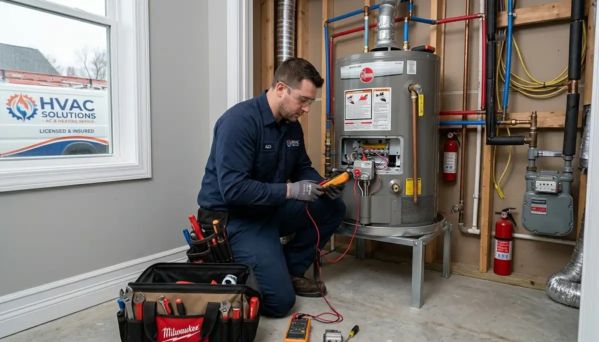 Technician repairing residential water heater in San Jose, CA for Five Star Cooling service page